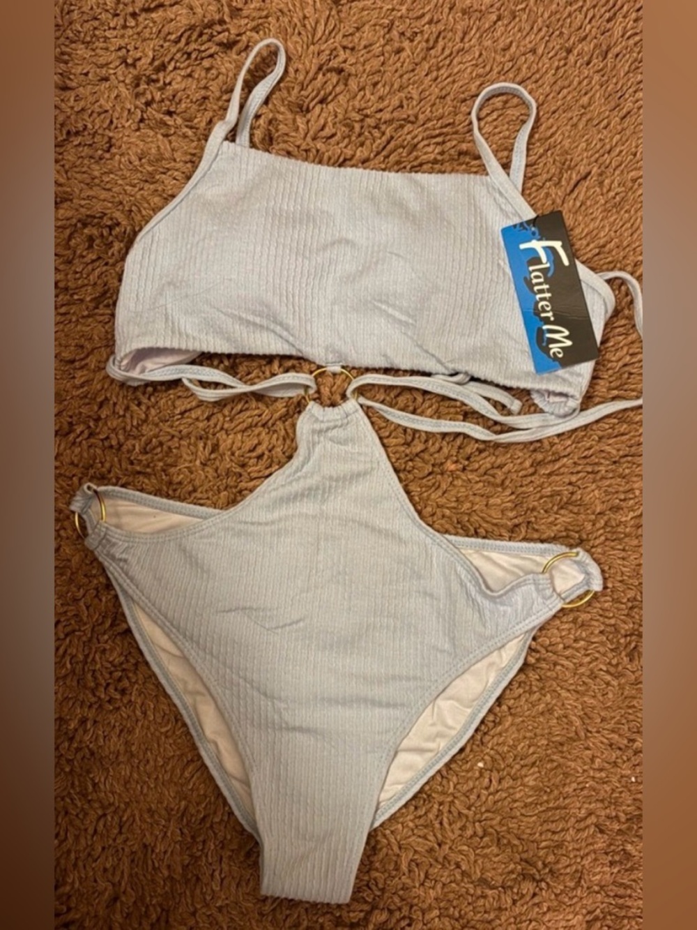 6/$20 FlatterMe Ring Linked 1-Piece Lace Up Cut-Out Swimsuit Light Blue XL NWT